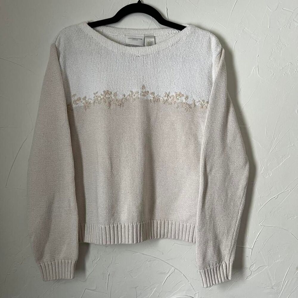 Liz Claiborne Women's White Cream Sweater Size L Embroidered Flowers Cotton Cozy